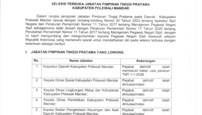 Pemkab Polman Buka Seleksi JPT Pratama 2026, Ini Daftar Jabatan dan Syarat Lengkapnya